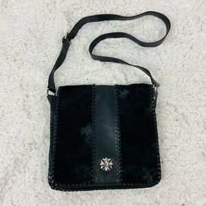 Aqua Madonna genuine leather Black calf hair Crossbody Bag with Silver Accent